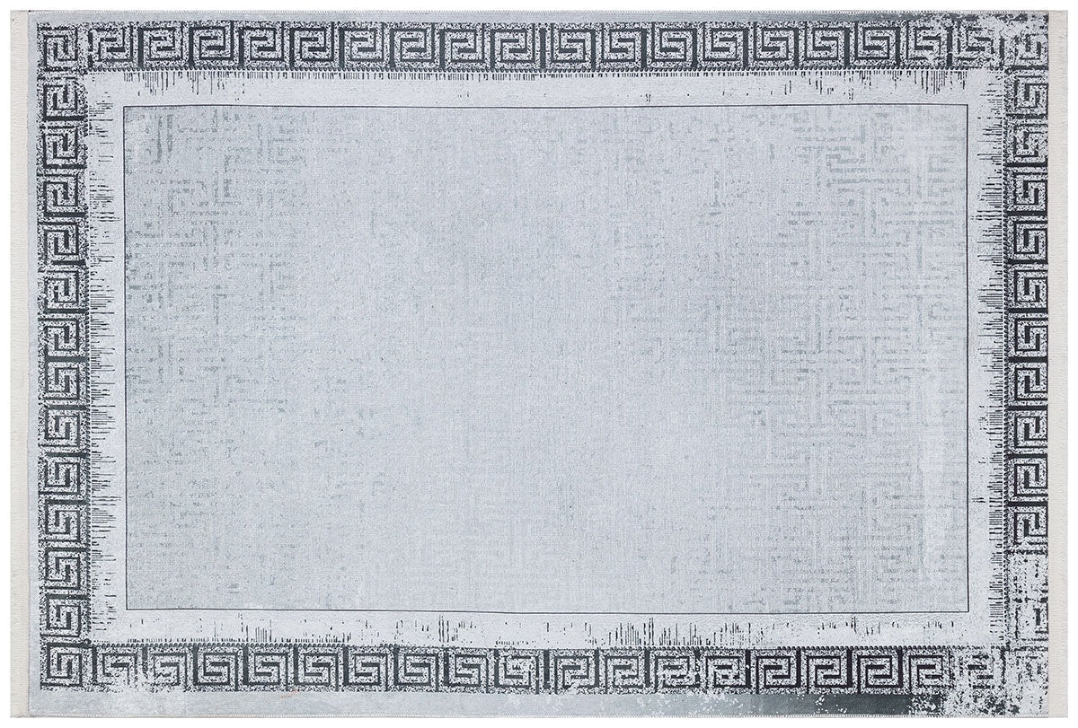 Gray Greek Key Area Rug – Distressed Medallion Border Carpet, Washable Non-Slip Home Decor