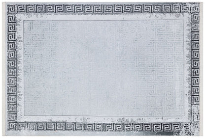 Gray Greek Key Area Rug – Distressed Medallion Border Carpet, Washable Non-Slip Home Decor