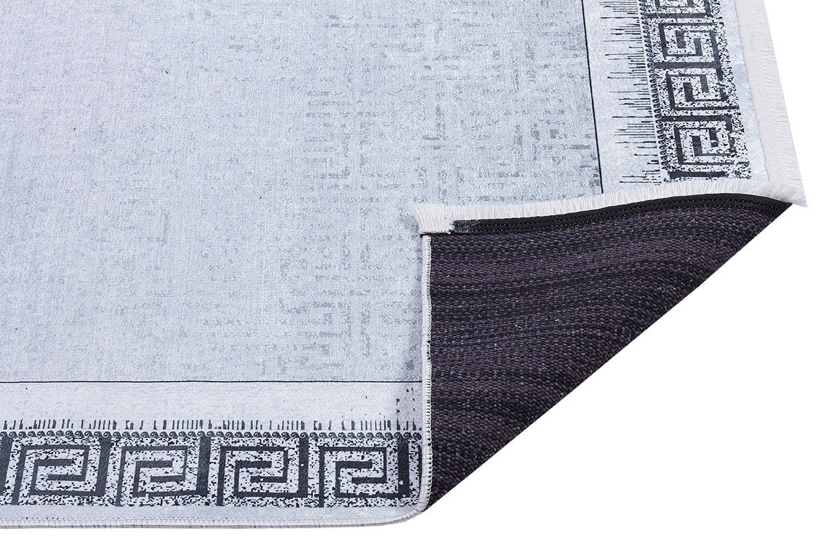Gray Greek Key Area Rug – Distressed Medallion Border Carpet, Washable Non-Slip Home Decor