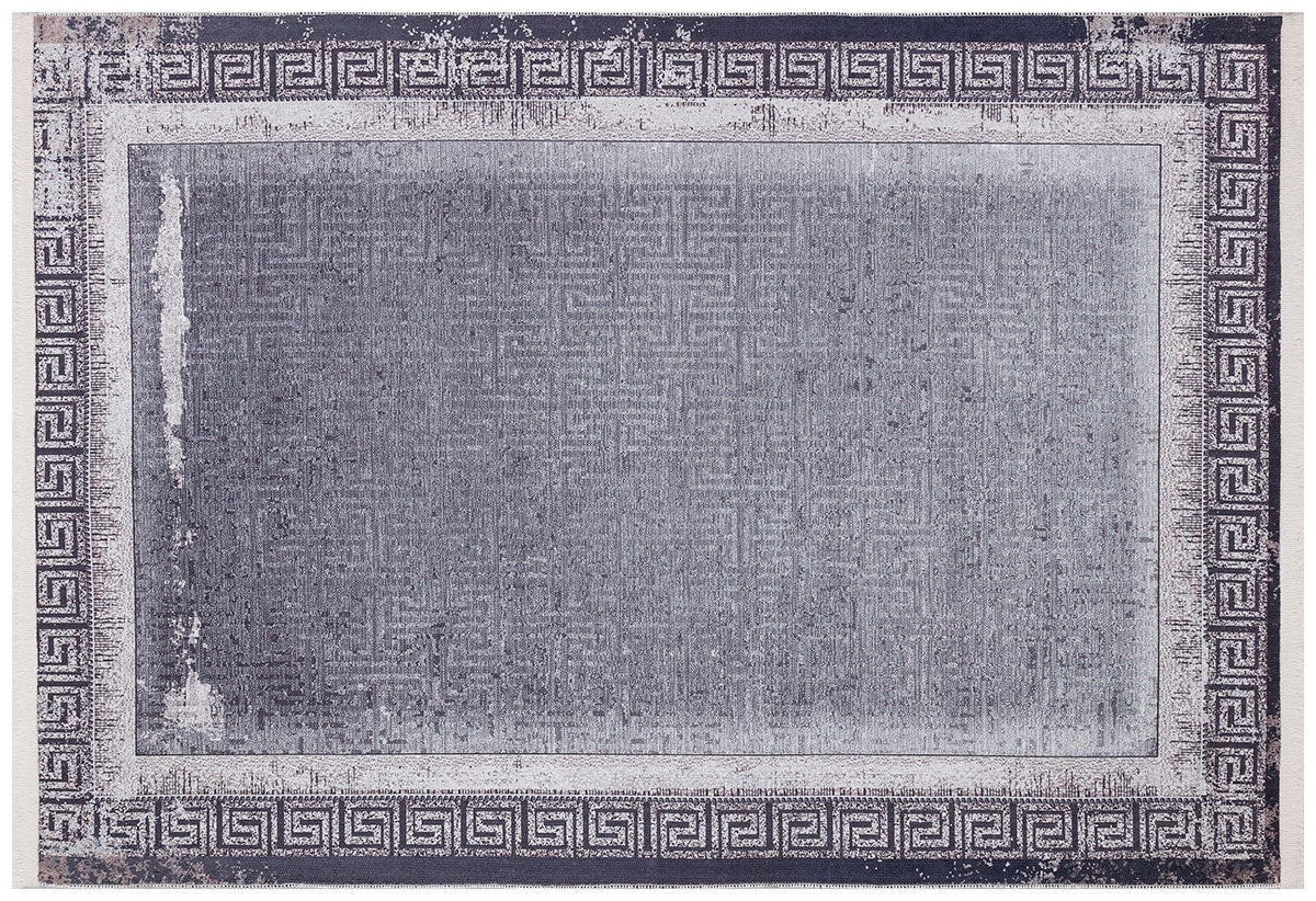 Distressed Persian Style Rug – Blue Grey Greek Key Border, Washable Boho Carpet