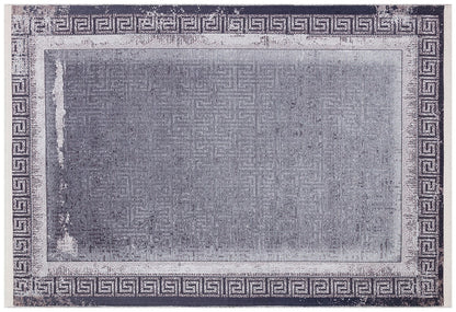 Distressed Persian Style Rug – Blue Grey Greek Key Border, Washable Boho Carpet