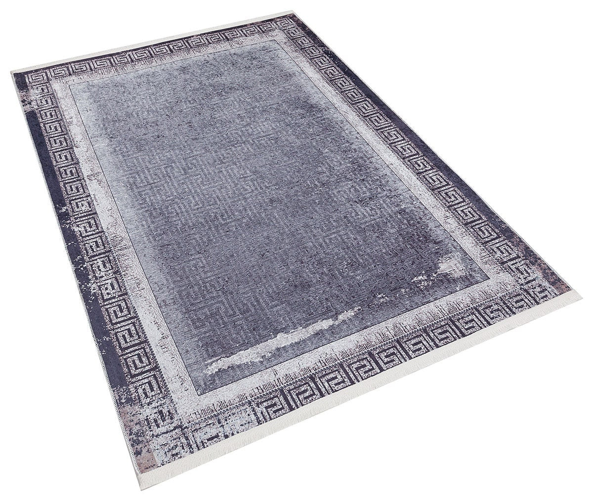 Distressed Persian Style Rug – Blue Grey Greek Key Border, Washable Boho Carpet