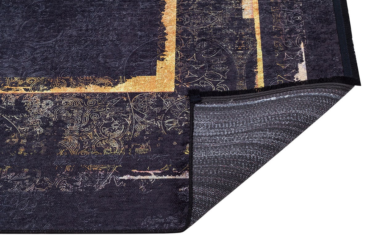 Black Gold Distressed Area Rug, Modern Geometric Border Carpet