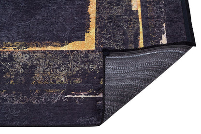 Black Gold Distressed Area Rug, Modern Geometric Border Carpet