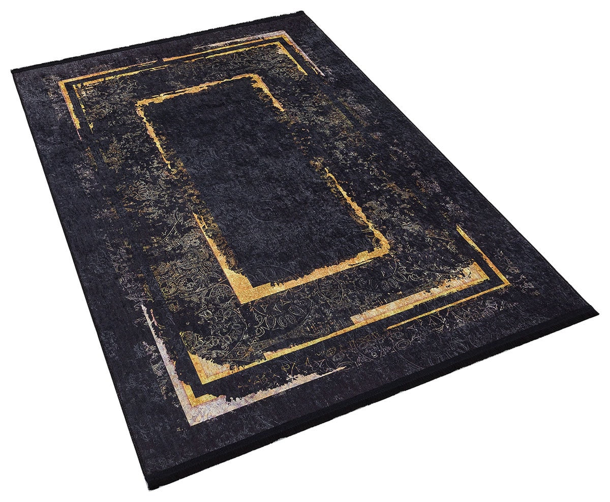 Black Gold Distressed Area Rug, Modern Geometric Border Carpet