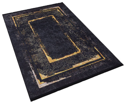 Black Gold Distressed Area Rug, Modern Geometric Border Carpet
