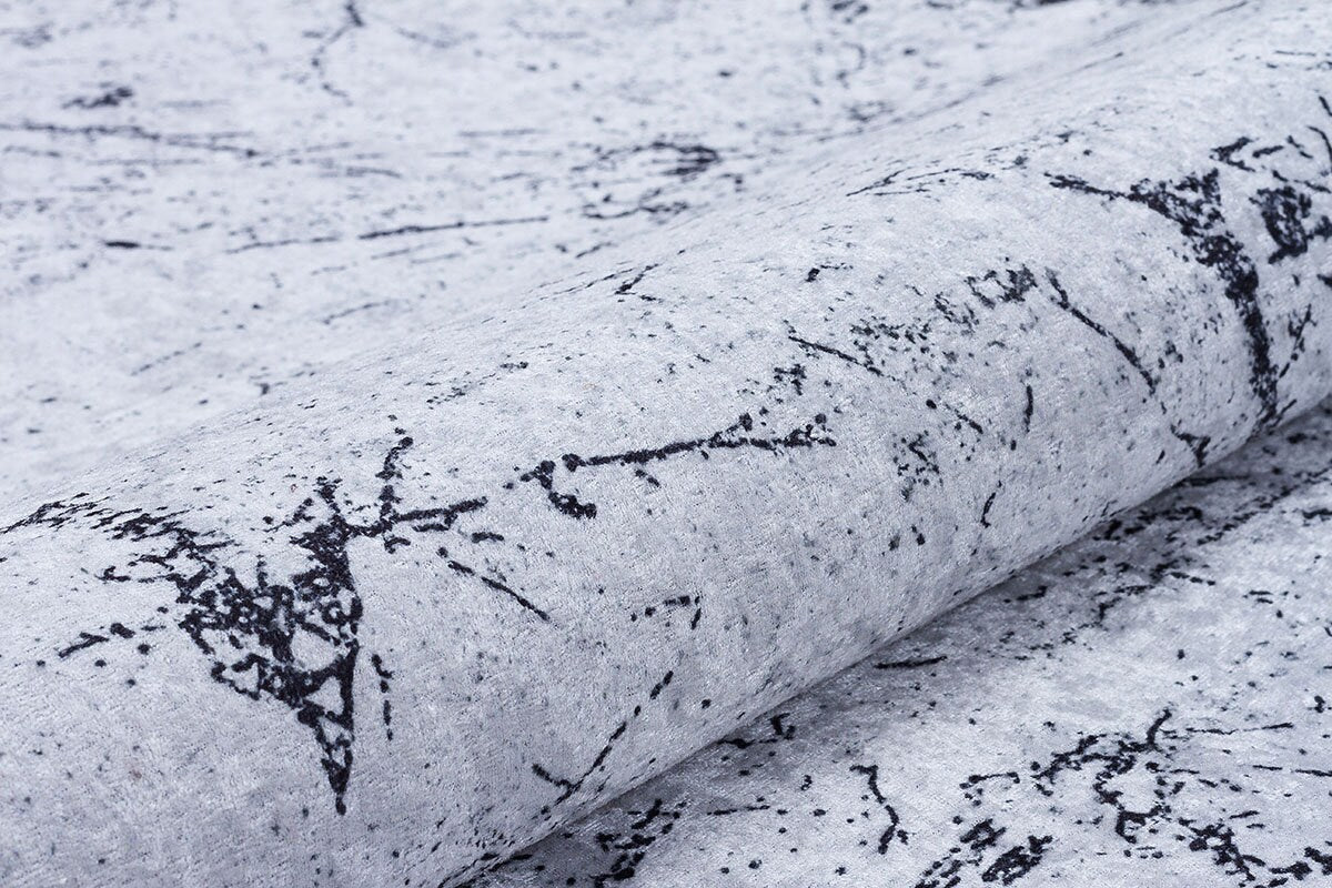 Modern Marble Washable Area Rug – Grey & White Minimalist Geometric Border Carpet