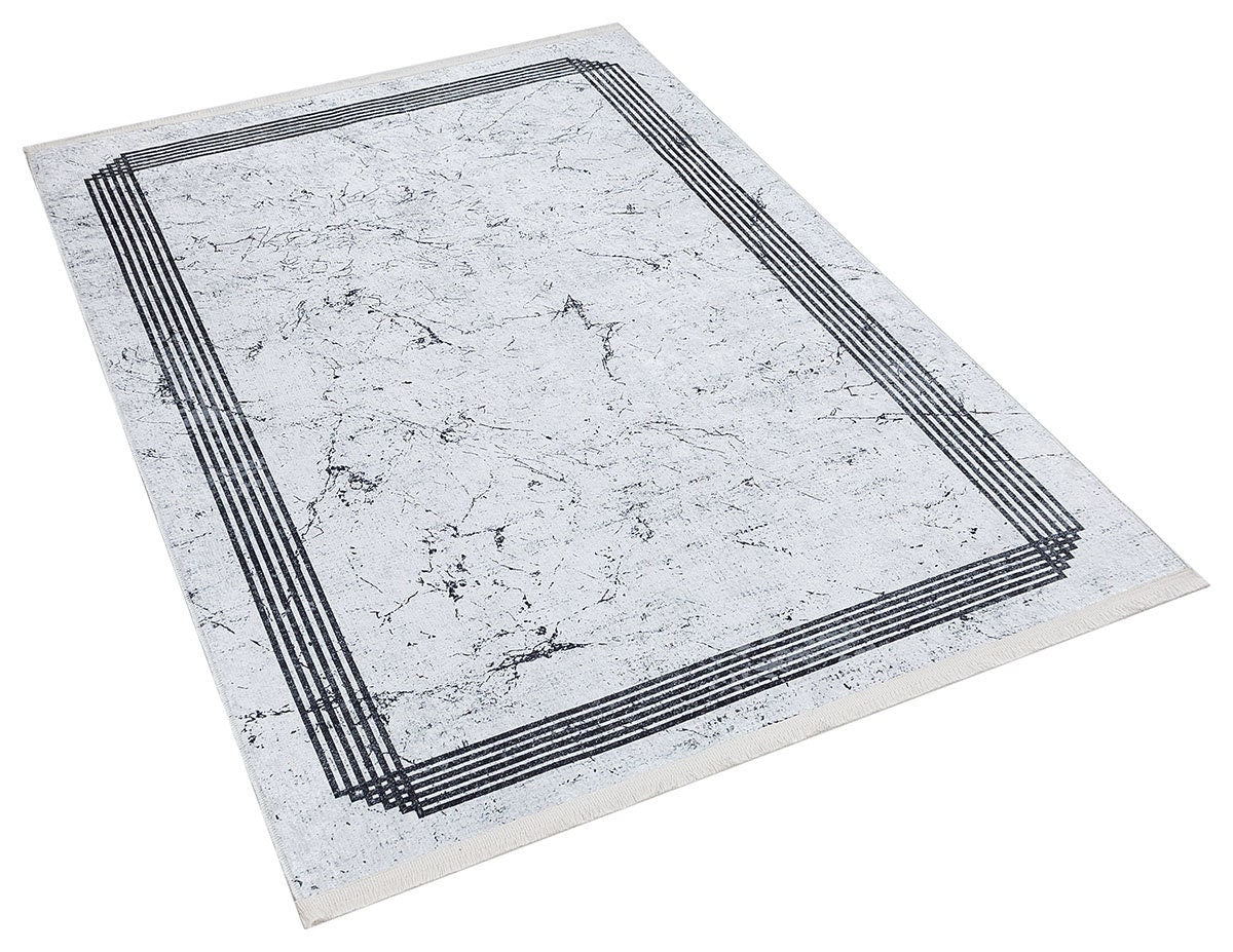 Modern Marble Washable Area Rug – Grey & White Minimalist Geometric Border Carpet