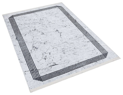 Modern Marble Washable Area Rug – Grey & White Minimalist Geometric Border Carpet