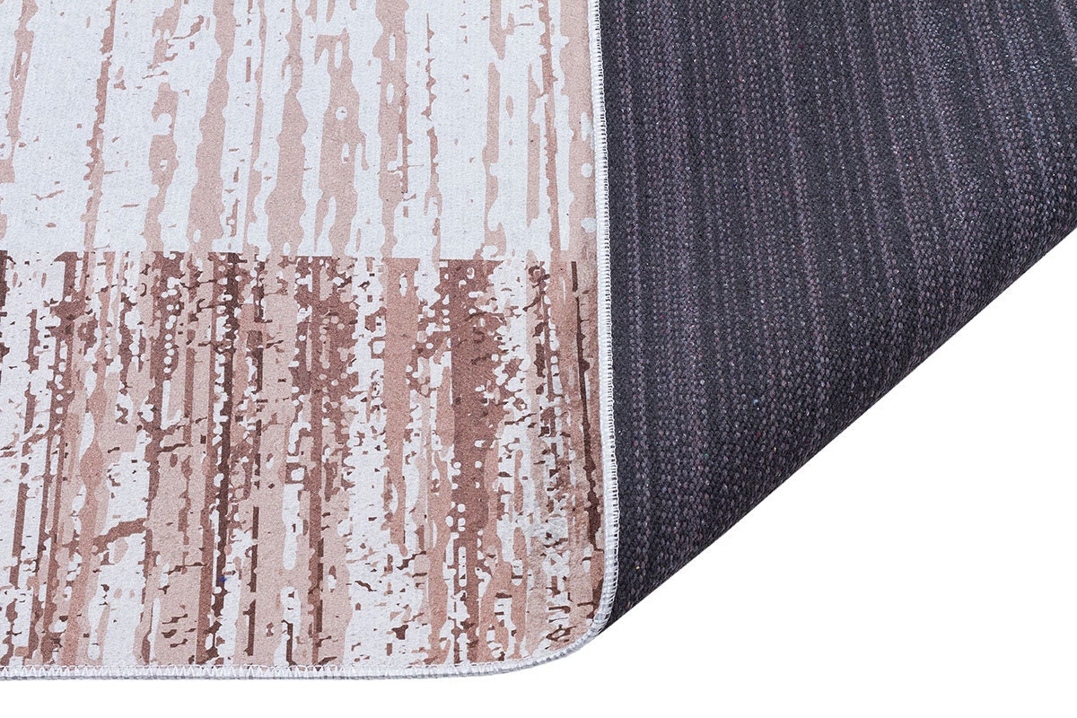 Washable Boho Area Rug – Distressed Rose Gold Abstract Carpet, Non-Slip Thin Living Room Rug