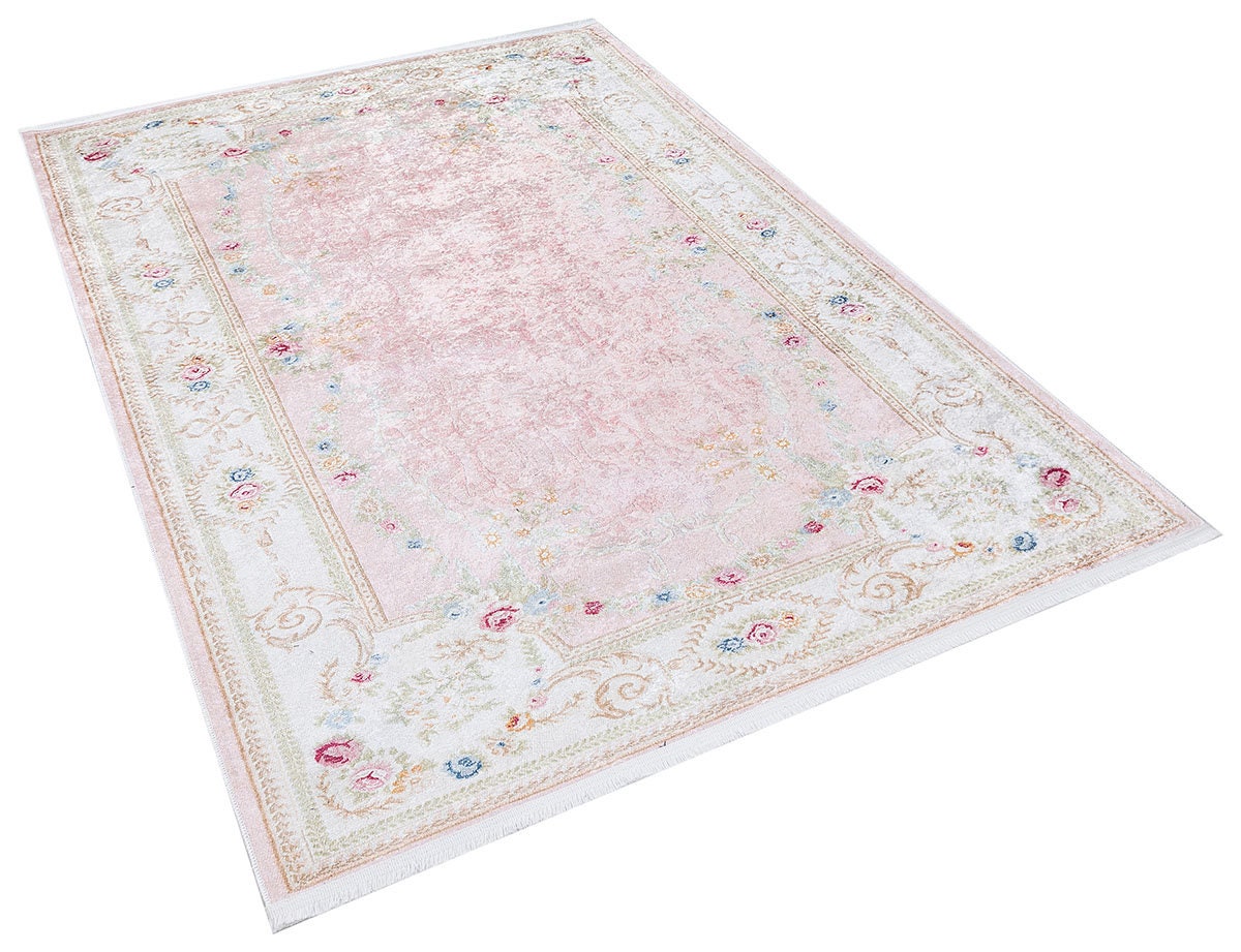Charming Washable Pink Rug: Vintage Floral Design for a Cozy Home