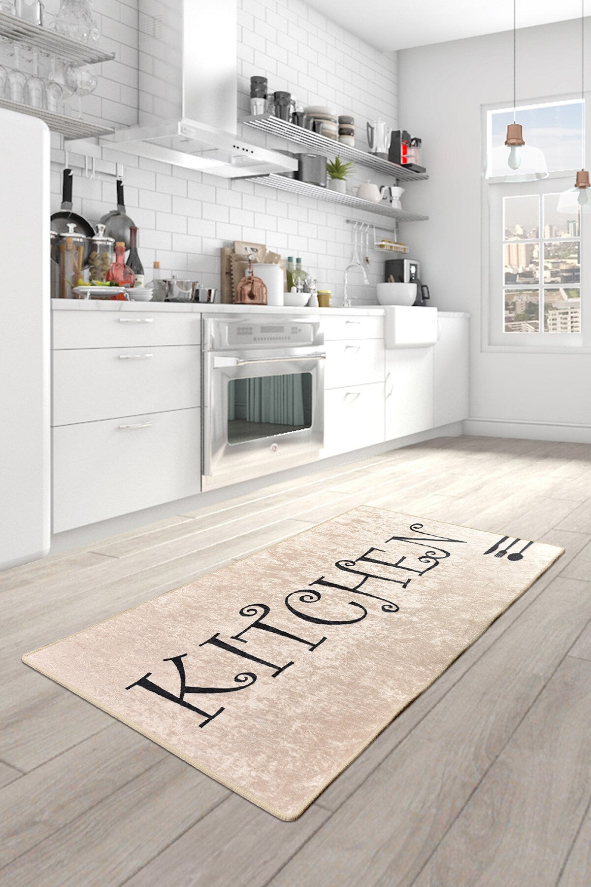Large Kitchen Runner Mat, Decorative Calligraphy, Farmhouse Floor Rug