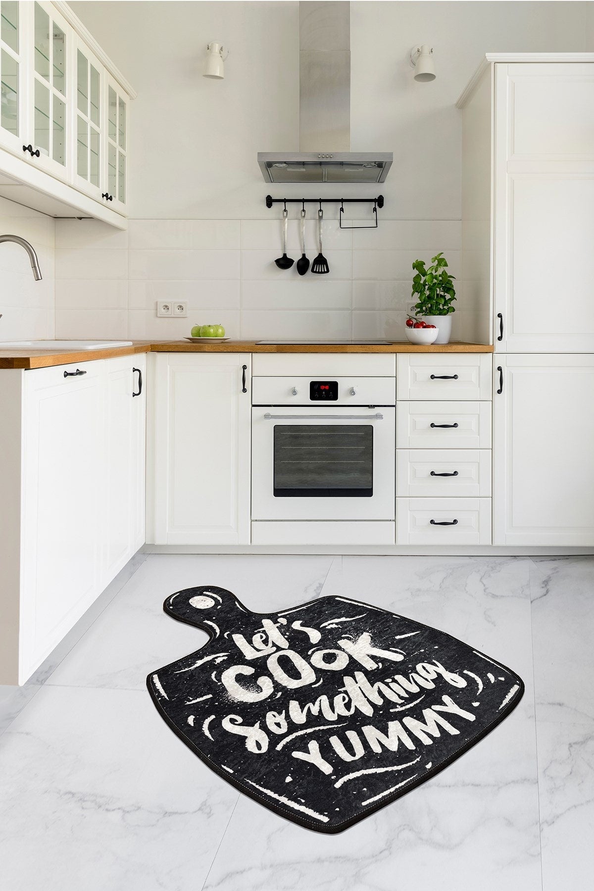Cutting Board Shaped Kitchen Rug, Chalkboard Style "Let's Cook Yummy" Mat