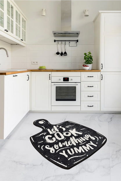 Cutting Board Shaped Kitchen Rug, Chalkboard Style "Let's Cook Yummy" Mat
