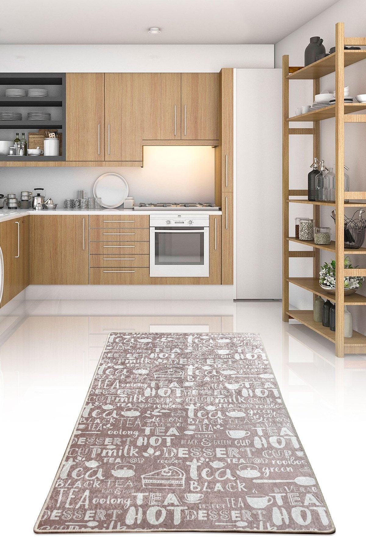 Washable Kitchen Runner Rug – Tea Coffee Typography Carpet, Non Slip Farmhouse Floor Mat