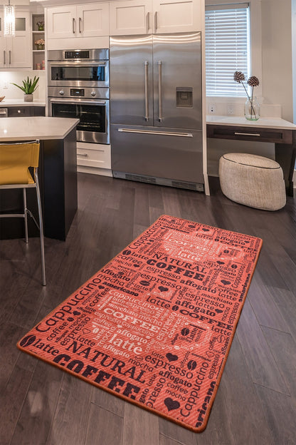 Title: Terracotta Coffee Typography Washable Kitchen Runner – Non-Slip Anti-Fatigue Rug for Coffee Lovers