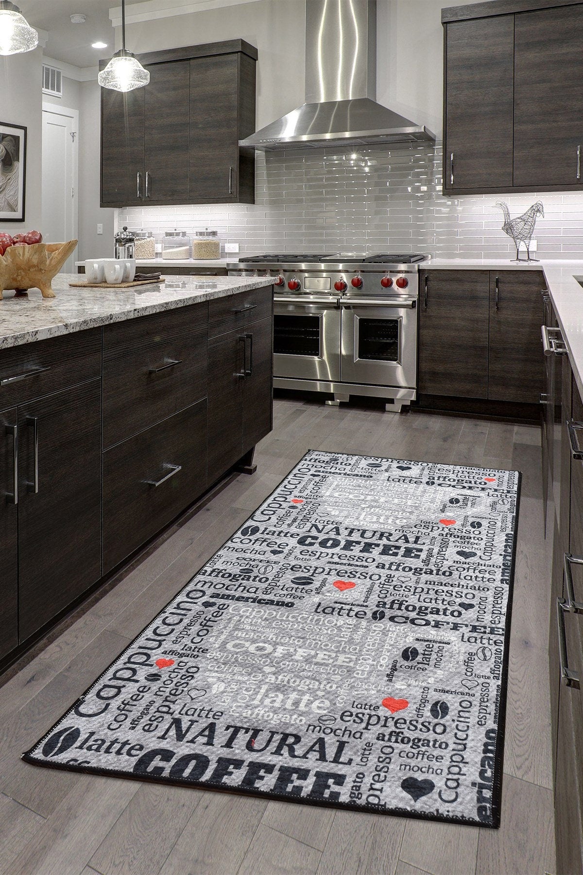 Modern Coffee Kitchen Runner, Espresso Latte Typography Decor, Washable Non-Slip Mat