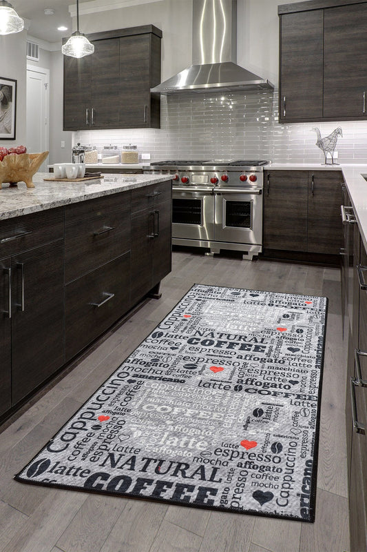 Modern Coffee Kitchen Runner, Espresso Latte Typography Decor, Washable Non-Slip Mat
