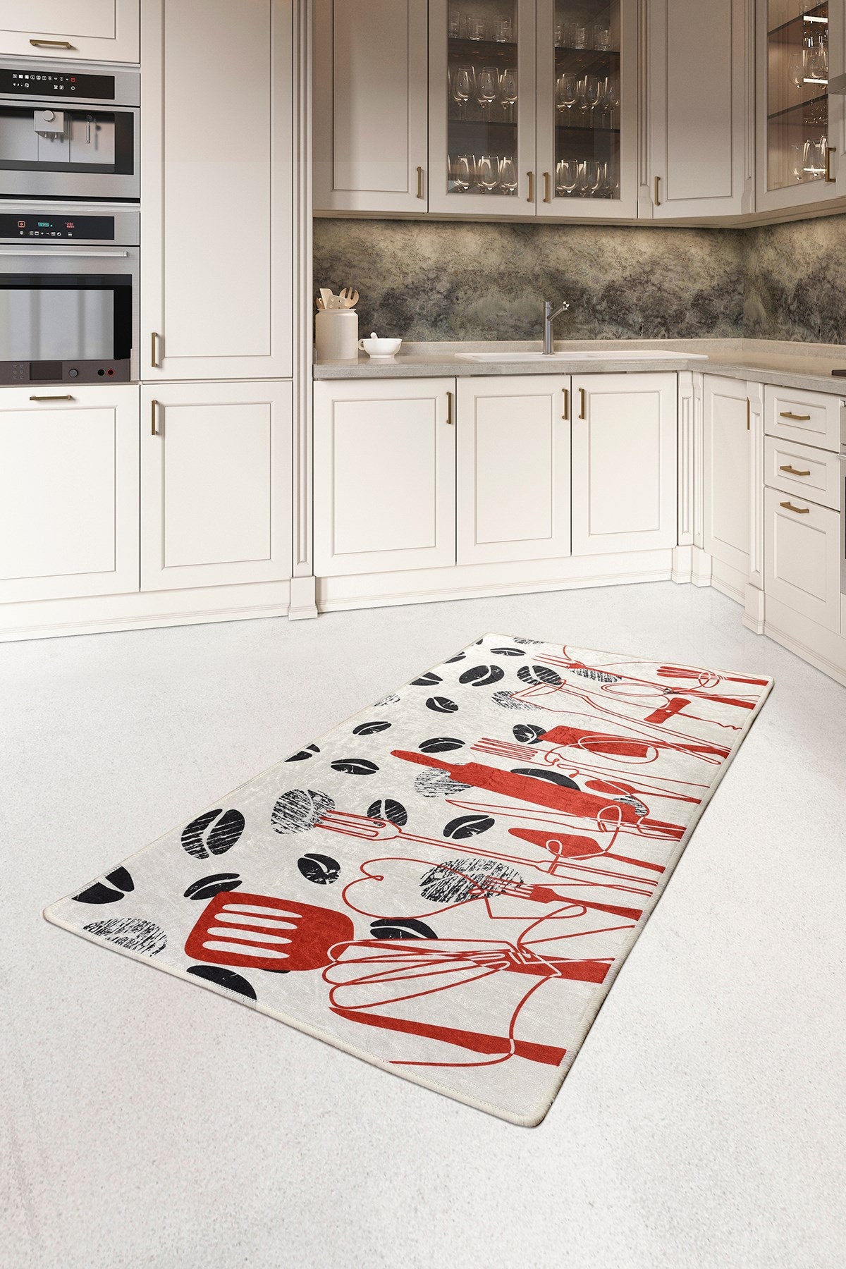 Modern Kitchen Rug | Red Black Utensil Coffee Bean Print, Non-Slip Mat