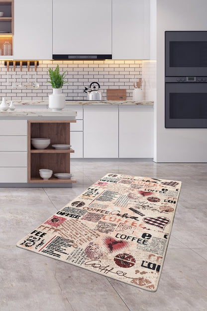 Vintage Coffee Collage Kitchen Runner – Washable, Non-Slip Espresso Area Rug