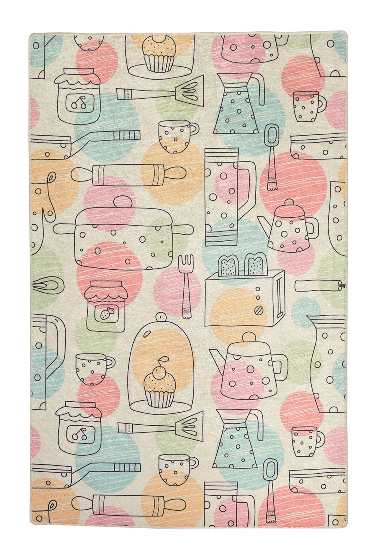 Pastel Kitchen Runner Rug, Hand-Drawn Baking and Coffee Pattern Floor Mat