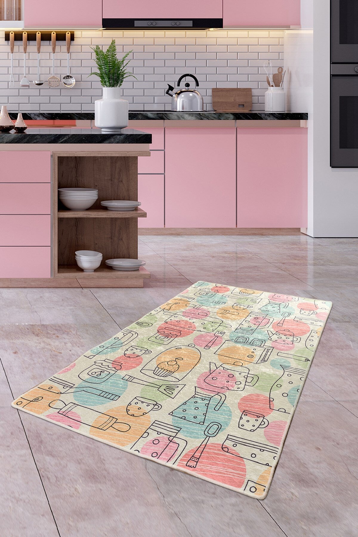 Pastel Kitchen Runner Rug, Hand-Drawn Baking and Coffee Pattern Floor Mat