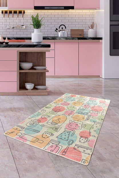 Pastel Kitchen Runner Rug, Hand-Drawn Baking and Coffee Pattern Floor Mat
