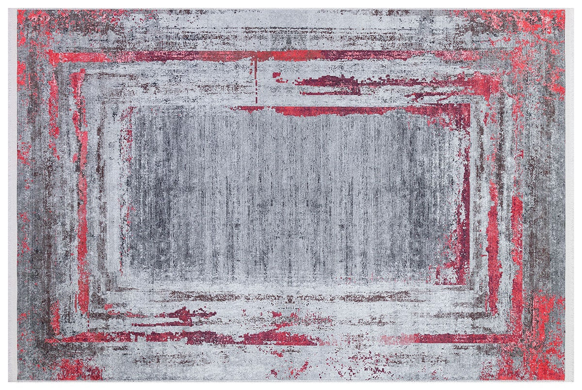 Modern Distressed Area Rug – Grey Crimson Abstract Carpet, Low Pile Non-Slip Floor Decor