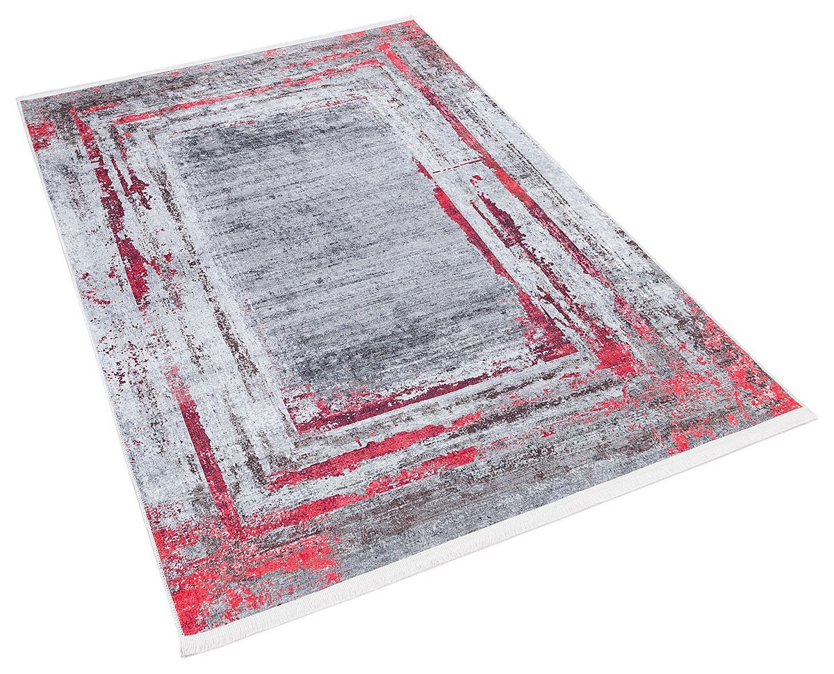 Modern Distressed Area Rug – Grey Crimson Abstract Carpet, Low Pile Non-Slip Floor Decor