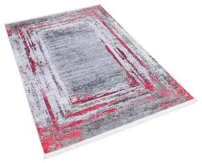 Modern Distressed Area Rug – Grey Crimson Abstract Carpet, Low Pile Non-Slip Floor Decor