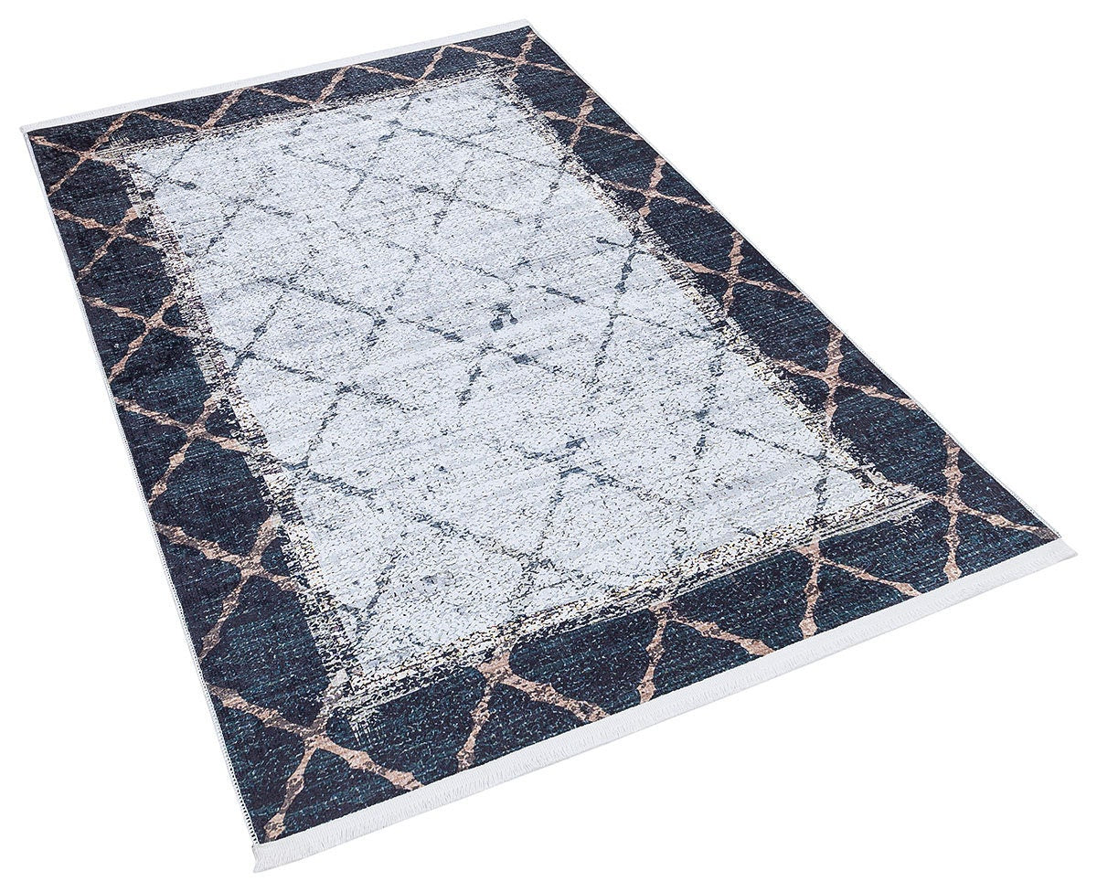 Distressed Teal Lattice Area Rug – Faded Geometric Carpet for Living Room