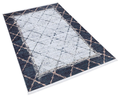 Distressed Teal Lattice Area Rug – Faded Geometric Carpet for Living Room