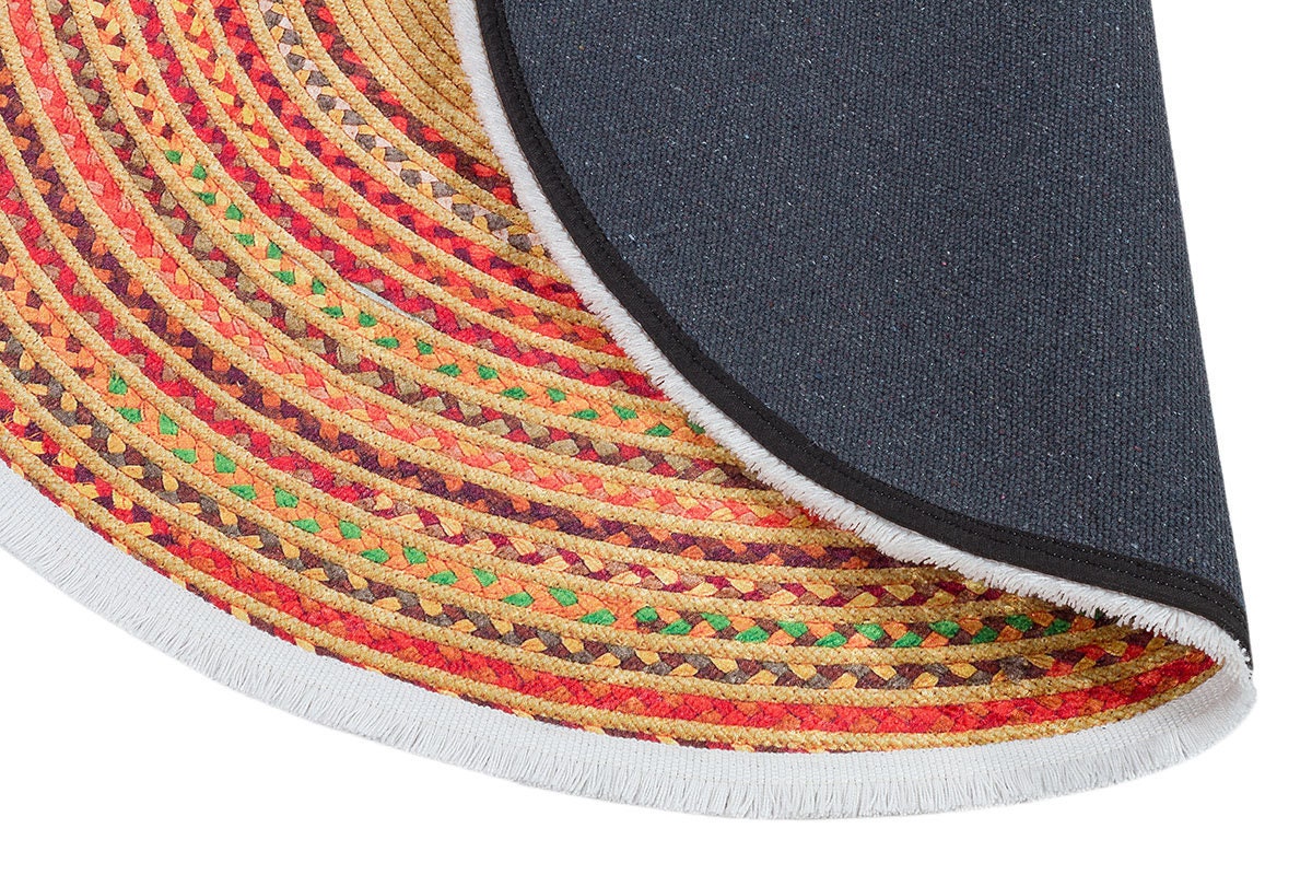 Braided Round Area Rug – Yellow, Red, Boho Cotton Carpet, Washable Circular Rug