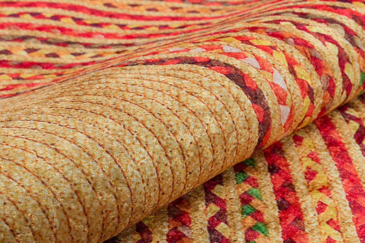 Braided Round Area Rug – Yellow, Red, Boho Cotton Carpet, Washable Circular Rug