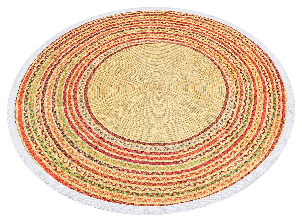Braided Round Area Rug – Yellow, Red, Boho Cotton Carpet, Washable Circular Rug