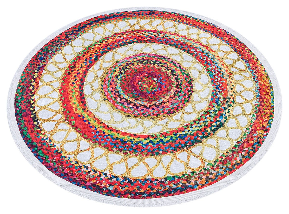 Round Boho Braided Cotton Rug – Washable Multi-Color Area Carpet