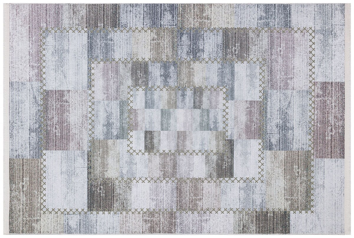 Washable Patchwork Area Rug – Distressed Geometric Carpet, Neutral Boho Living Room Home Decor