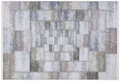 Washable Patchwork Area Rug – Distressed Geometric Carpet, Neutral Boho Living Room Home Decor