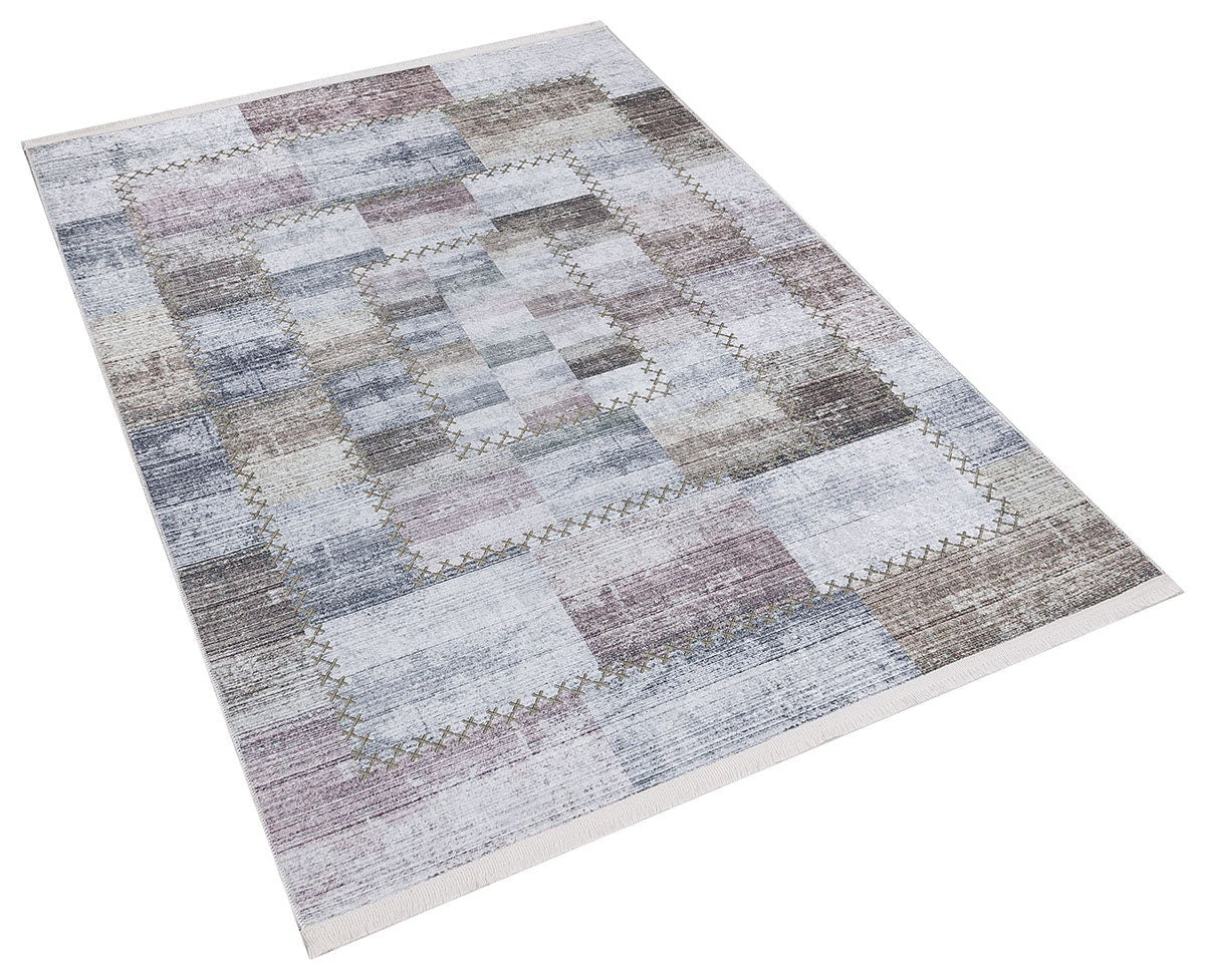 Washable Patchwork Area Rug – Distressed Geometric Carpet, Neutral Boho Living Room Home Decor