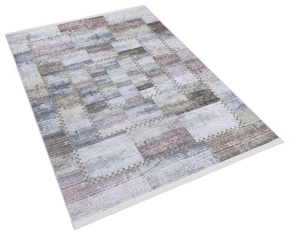 Washable Patchwork Area Rug – Distressed Geometric Carpet, Neutral Boho Living Room Home Decor