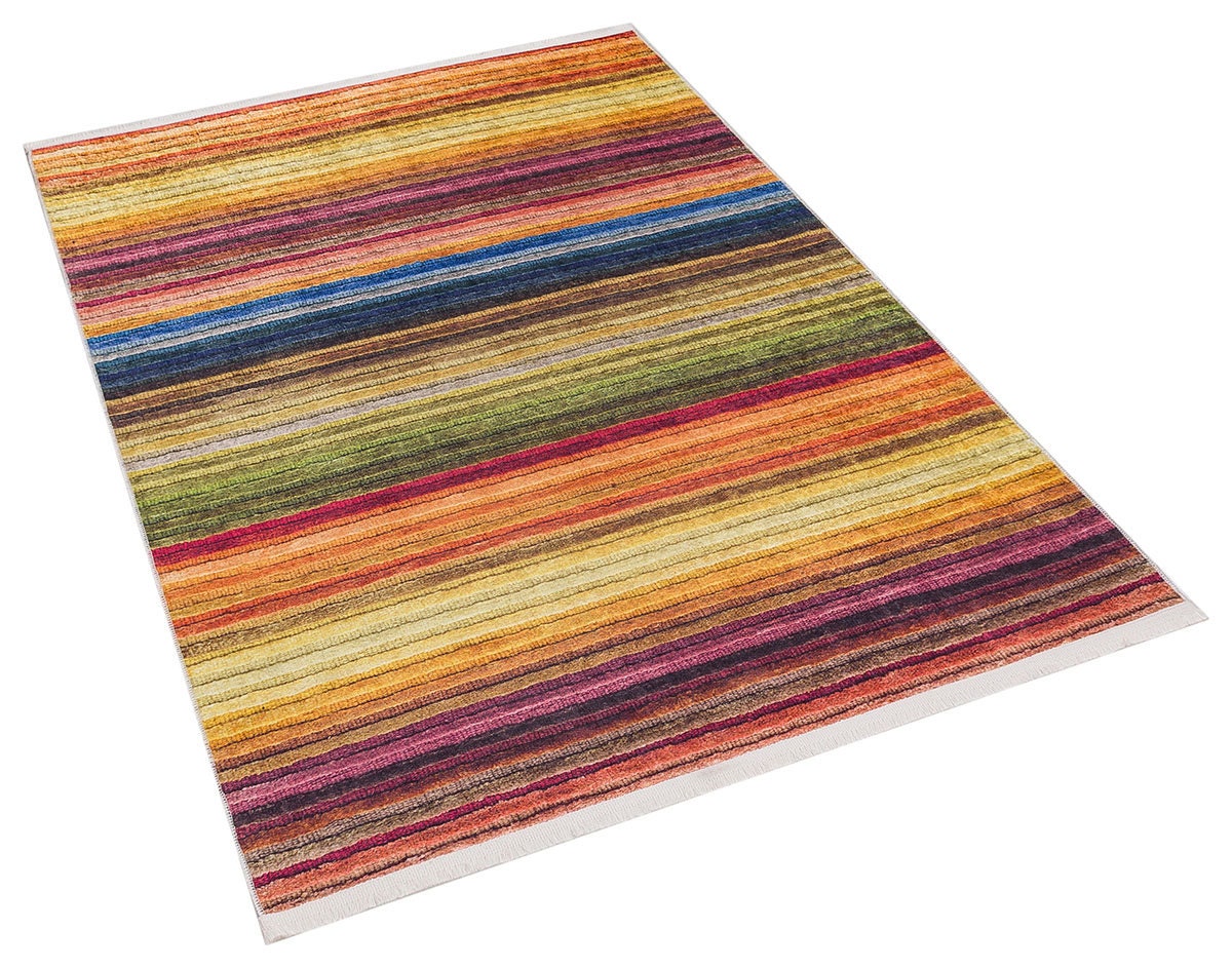 Modern Multi-Color Striped Washable Area Rug – Vibrant Boho Rainbow Style – Non-Slip & Machine Washable