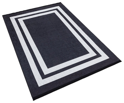 Modern Geometric Border Rug – Machine Washable Charcoal Black Area Rug