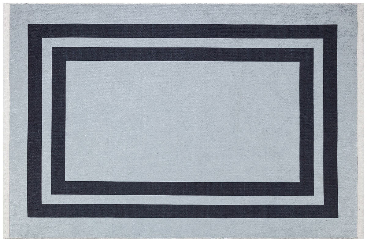 Modern Geometric Gray Area Rug, Black Frame Border, Scandinavian Living Room Carpet