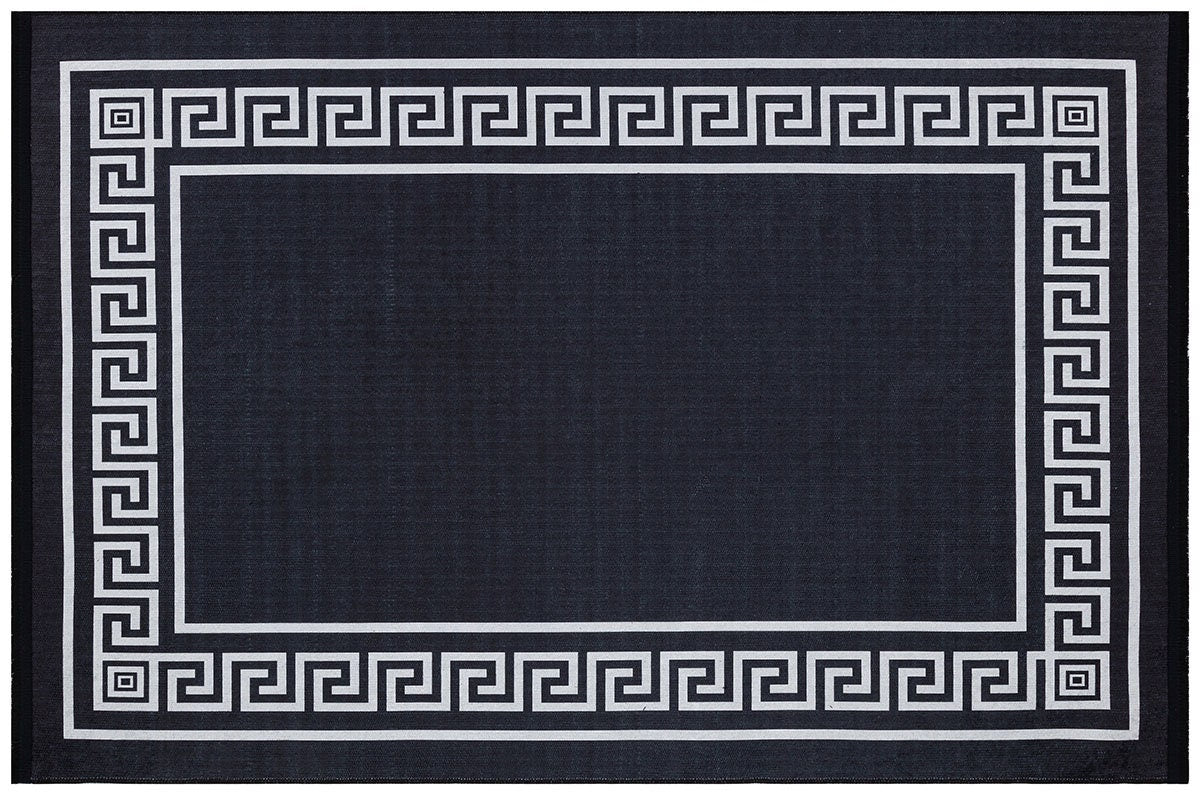Black White Greek Key Area Rug – Modern Minimalist Meander Living Room Carpet