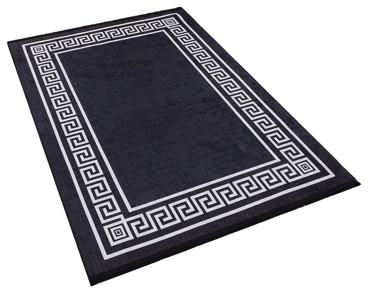 Black White Greek Key Area Rug – Modern Minimalist Meander Living Room Carpet