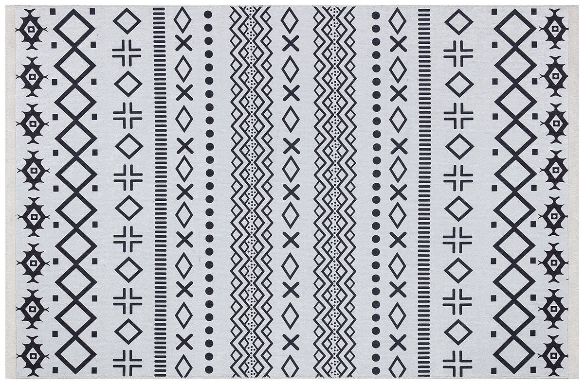 Washable Boho Geometric Rug, Scandinavian Tribal Carpet, Black Ivory Nordic Area Rug