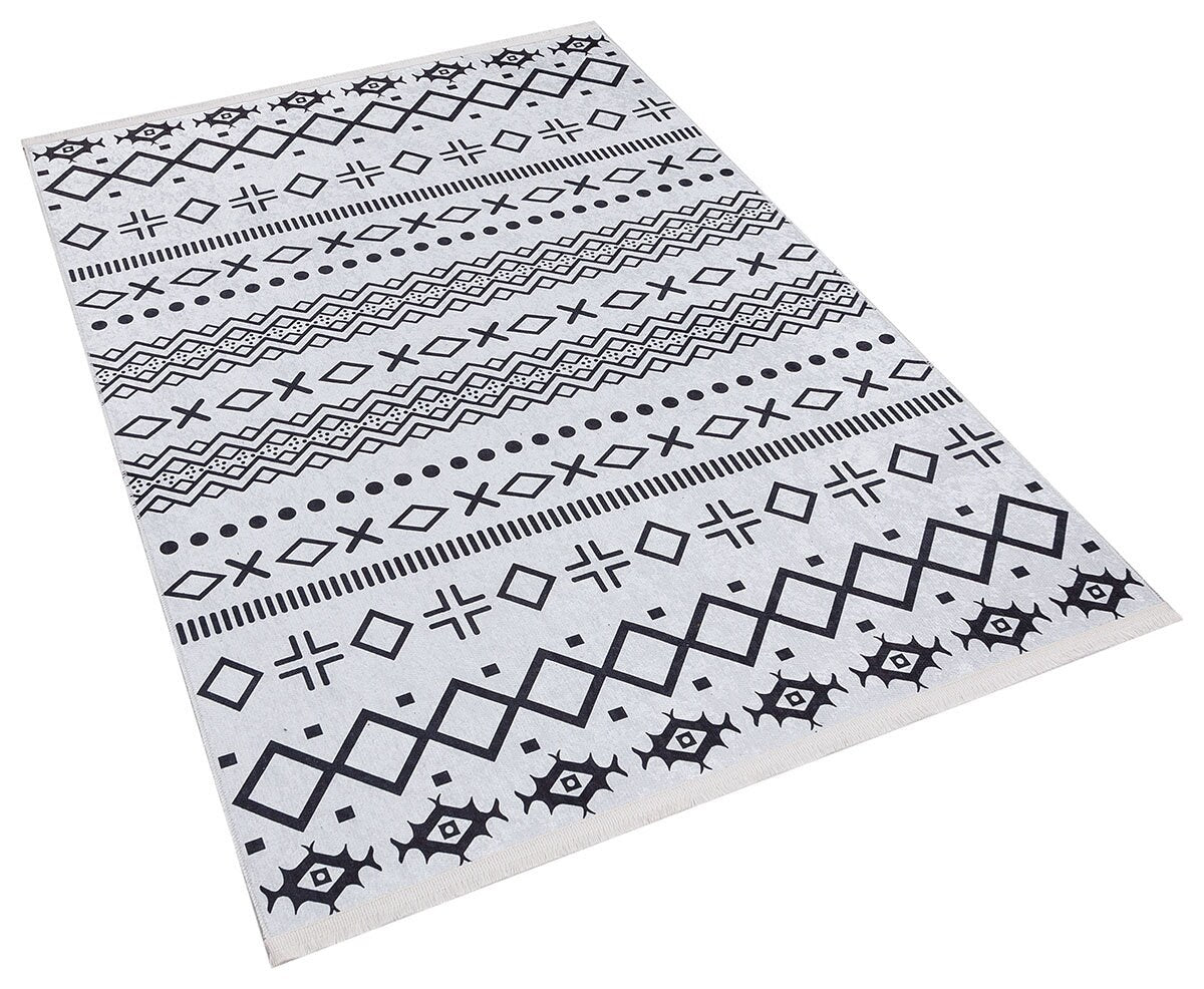 Washable Boho Geometric Rug, Scandinavian Tribal Carpet, Black Ivory Nordic Area Rug
