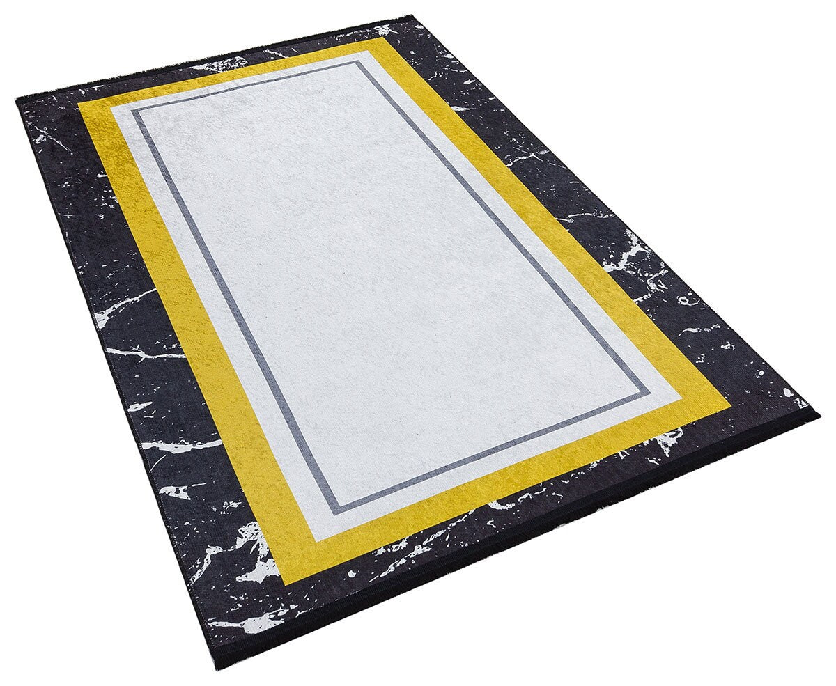 Modern Marble Geometric Area Rug – Black, Yellow, White Abstract Carpet