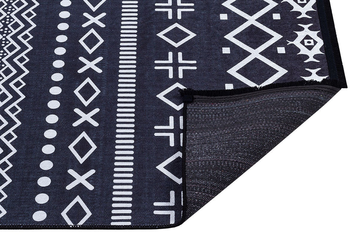 Black White Tribal Geometric Rug, Modern Boho Living Room Carpet, Washable Ethnic Pattern Decor