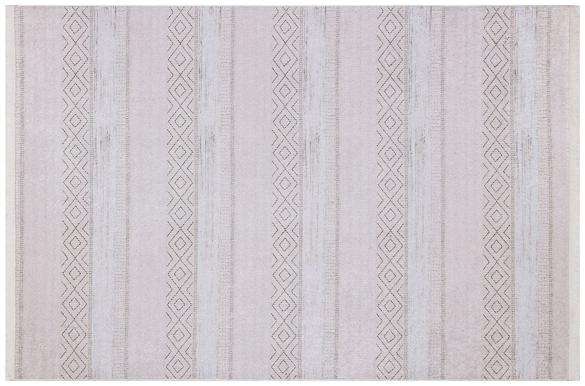 Washable Boho Area Rug – Distressed Diamond Tribal Pattern, Cream Gray Carpet